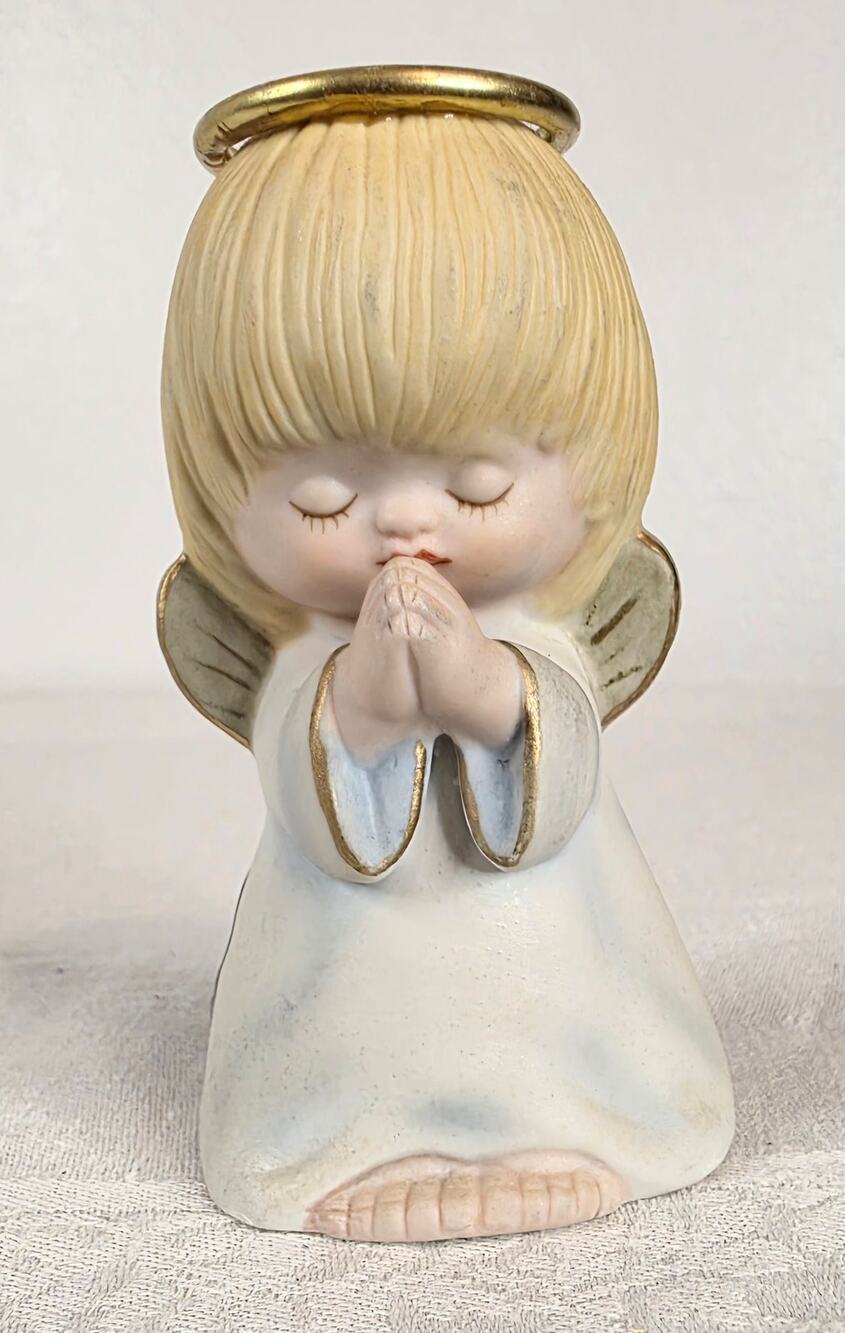 Vtg Praying Angel Figurine Bell Gold Halo 4" Tall Porcelain Shabby Chic Retro